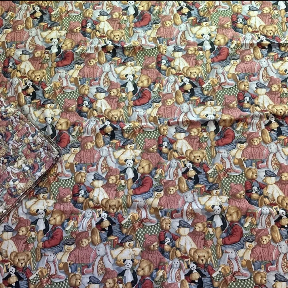 1990s Daisy Kingdom Teddy Bear Print Fabric Tablecloth and Napkins